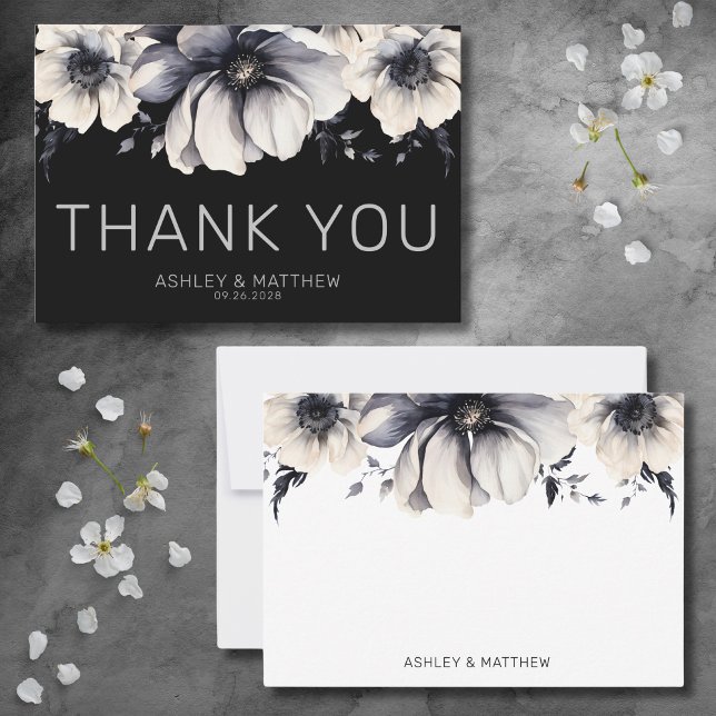 Cartão De Agradecimento Casamento Negra Floral Moderno Elegante (Modern Elegant Floral Black Wedding Thank You Card)