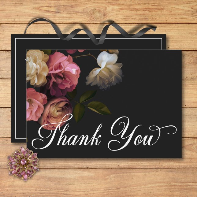 Cartão De Agradecimento Casamento Negro da Borgonha Moody & Cream Peonies (Dark Moody Burgundy & Cream Peonies Black Wedding Thank You Card)