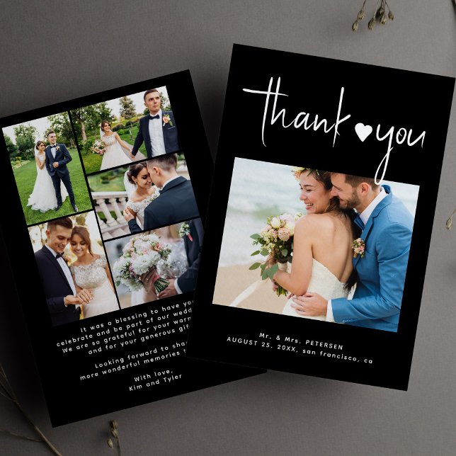 Cartão De Agradecimento Casamento negro de colagem de fotos modernas (Criador carregado)