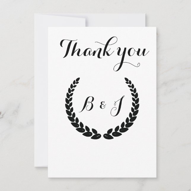 Cartão De Agradecimento Casamento Negro e Negro Elegante monograma simples (Frente)