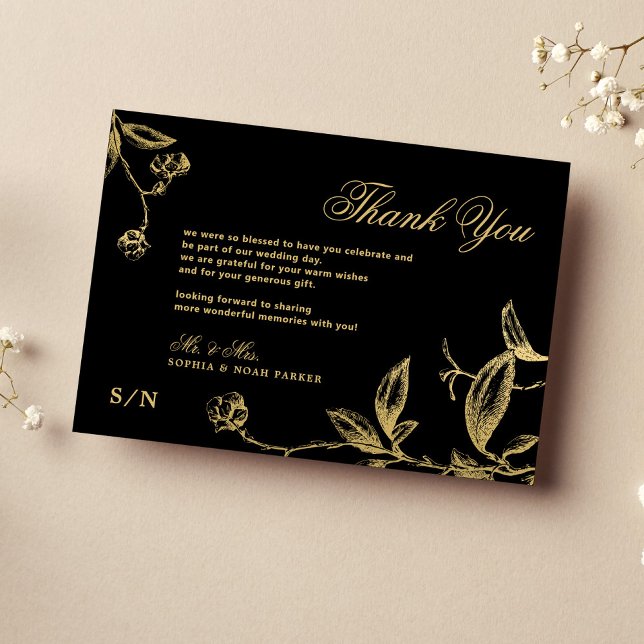 Cartão De Agradecimento Casamento negro floral com caligrafia em ouro (Criador carregado)