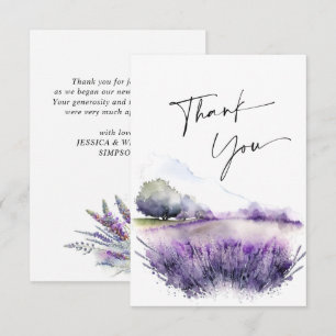 Cartão De Agradecimento Casamento no Campo de Flores de Lavanda em Aquarel
