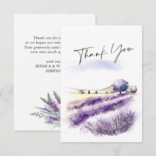Cartão De Agradecimento Casamento no Campo de Flores de Lavanda em Aquarel