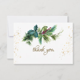 Cartão De Agradecimento Casamento no inverno Dourado Vermelho Evergreen