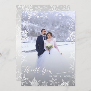 Cartão De Agradecimento Casamento no inverno Elegante Snowflakes e Script 