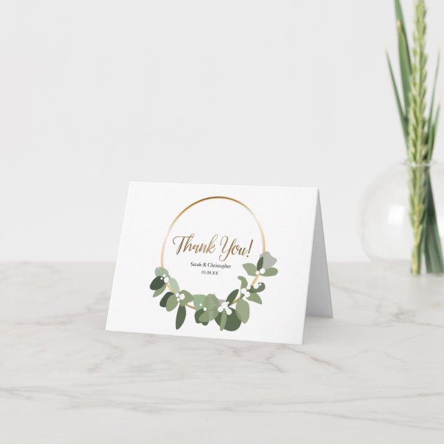 Cartão De Agradecimento Casamento no inverno eucalyptus gold wreath simple (Frente)