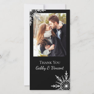 Cartão De Agradecimento Casamento no inverno preto e branco com floco de n
