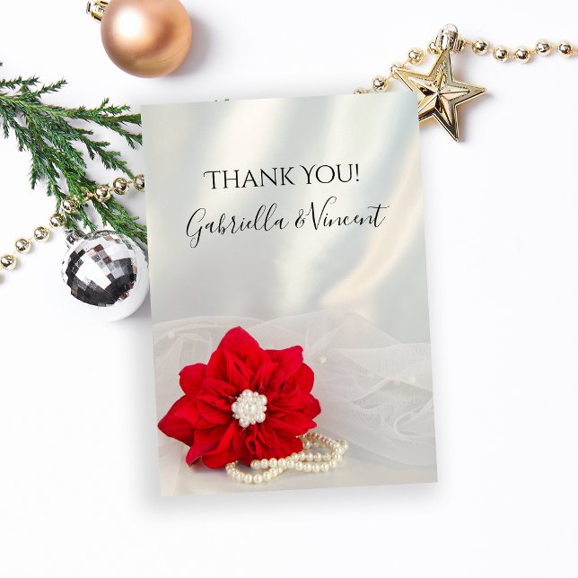 Cartão De Agradecimento Casamento no inverno Red Poinsettia e Pérolas Obri (Show your appreciation after your December wedding with the Red Poinsettia and Pearls Thank You Note)