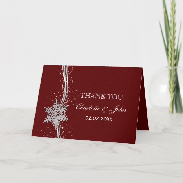 Cartão De Agradecimento casamento no inverno Red Silver Snowflakes Obrigad (Frente)