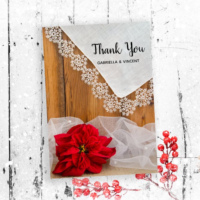 Cartão De Agradecimento Casamento no inverno Rustic Poinsettia Lace Obriga (Send a note of thanks after your rustic December barn party bridal shower or wedding.)