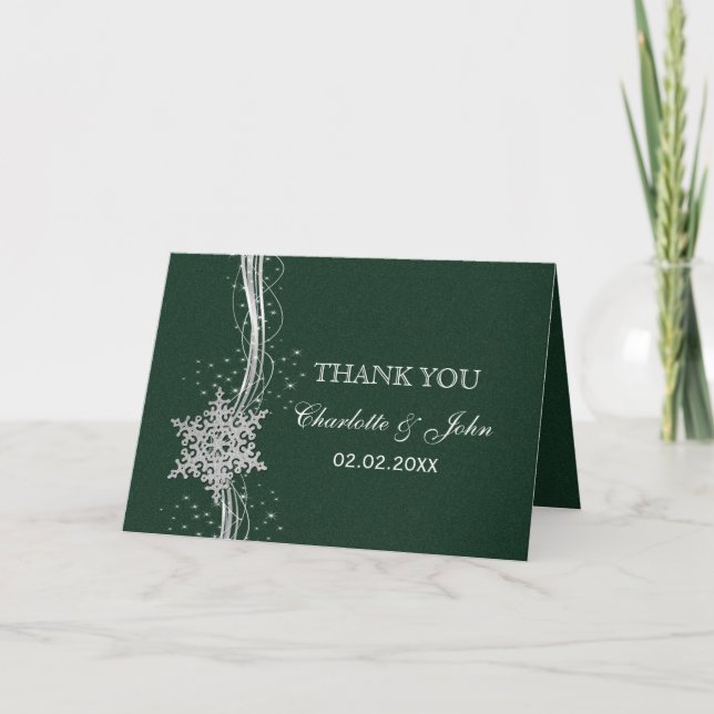 Cartão De Agradecimento casamento no inverno Silver Snowflakes verde Obrig (Frente)