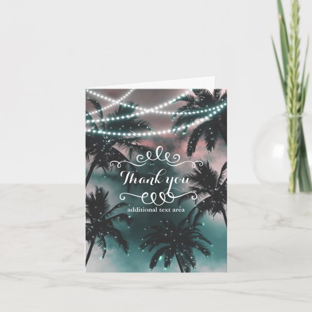Cartão De Agradecimento Casamento Noturno Encantado de Luzes de Praia (Frente)