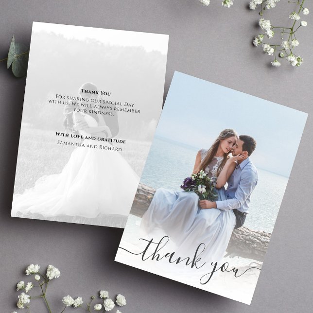 Cartão De Agradecimento Casamento Obrigado Calliografia 2 Foto (Elegant wedding thank you card with a 2 photo template)