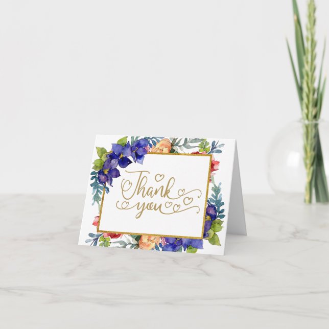 Cartão De Agradecimento Casamento Obrigado | Felicidade Aquarela Floral (Frente)