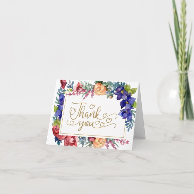 Cartão De Agradecimento Casamento Obrigado | Felicidade Aquarela Floral (Frente)