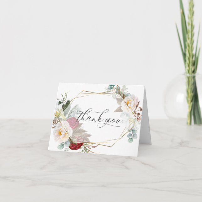 Cartão De Agradecimento Casamento Obrigado | Ivory e Burgundy Floral (Frente)