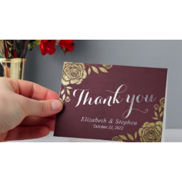 Cartão De Agradecimento Casamento Obrigado Ouros Modernos Rosas Borgonha V