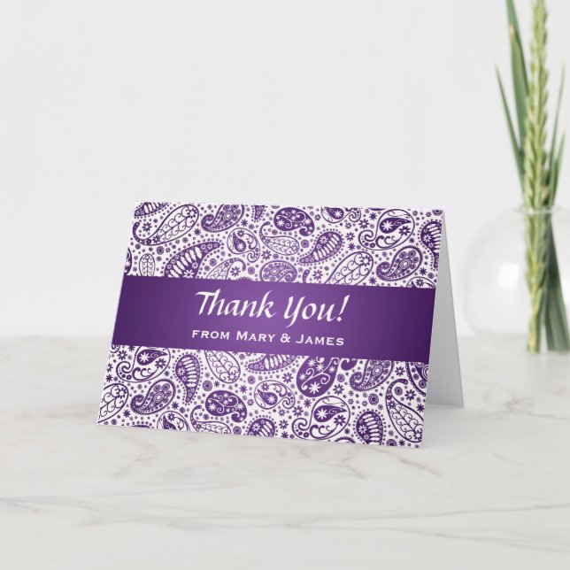 Cartão De Agradecimento Casamento "Obrigado" Paisley Pattern Purple (Frente)