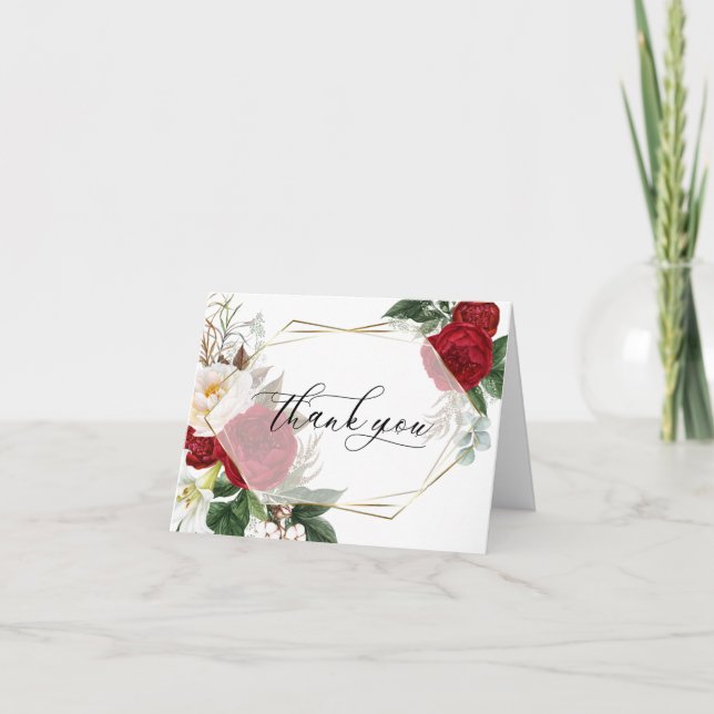 Cartão De Agradecimento Casamento Obrigado | Scarlet Peony Floral (Frente)