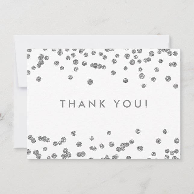 Cartão De Agradecimento Casamento Obrigado Silver Glitter Confetti White (Frente)