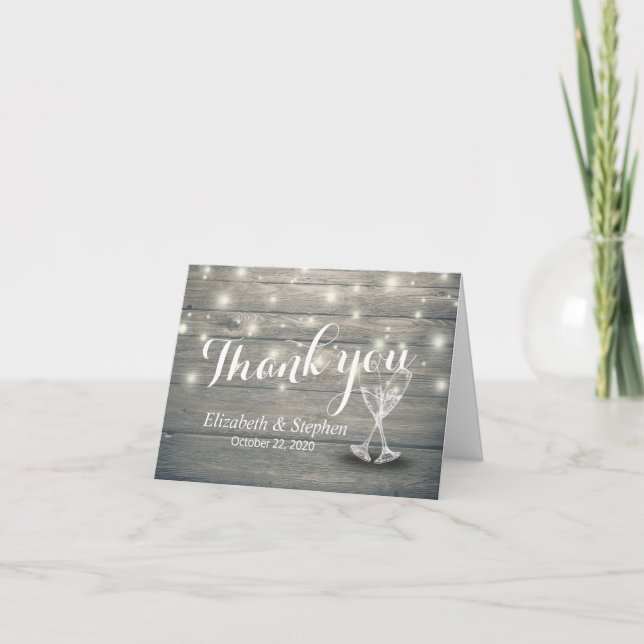 Cartão De Agradecimento Casamento Obrigado Vidros De Champanhe Luzes De Ma (Frente)