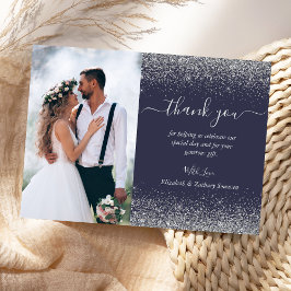 Cartão De Agradecimento Casamento Personalizado com Foto Azul Escuro Brilh
