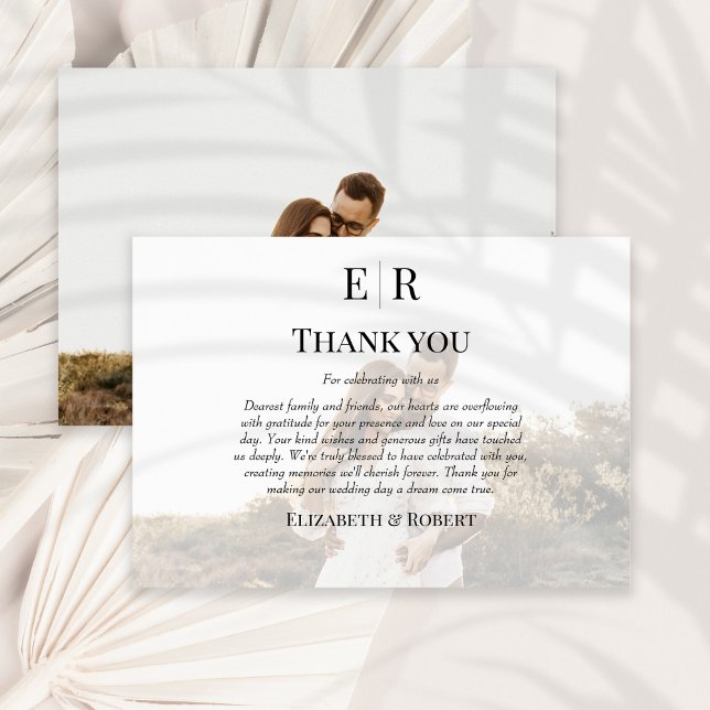 Cartão De Agradecimento Casamento Personalizado De Fotografia Do Monograma (Elegant Monogram Custom Photo Wedding Thank You Card on a sunny neutral dry palm leaf.)