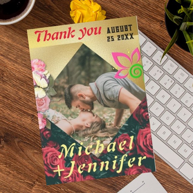 Cartão De Agradecimento Casamento Personalizado De Fotografias Floral Mini (Criador carregado)