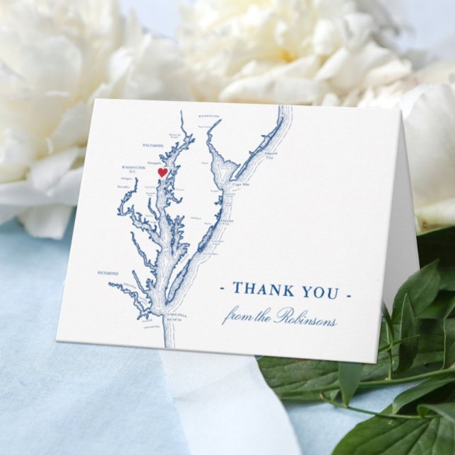 Cartão De Agradecimento Casamento Personalizado Do Mapa Da Baía De Annapol (Annapolis MD Personalized Wedding Thank You card with elegant navy blue Chesapeake Bay map)