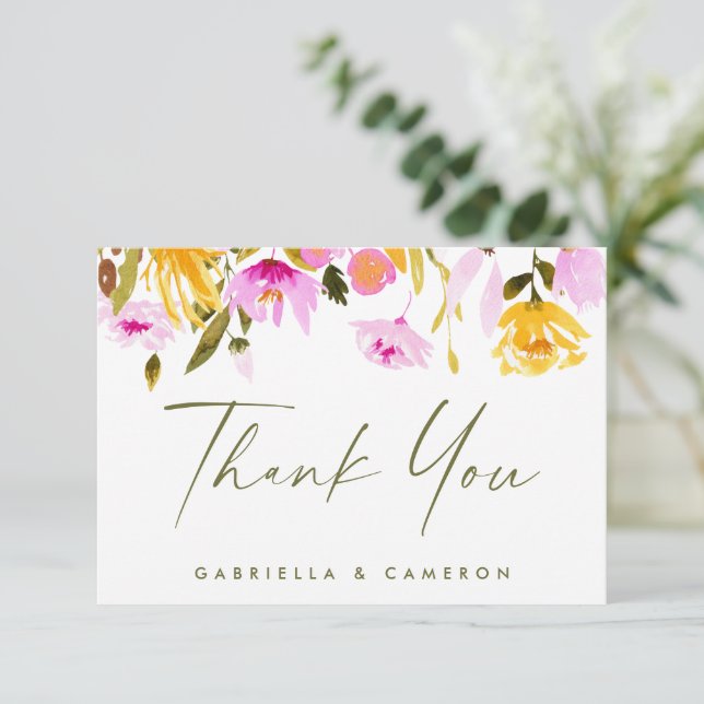 Cartão De Agradecimento Casamento Personalizado Floral de na moda Watercol (Em pé/Frente)