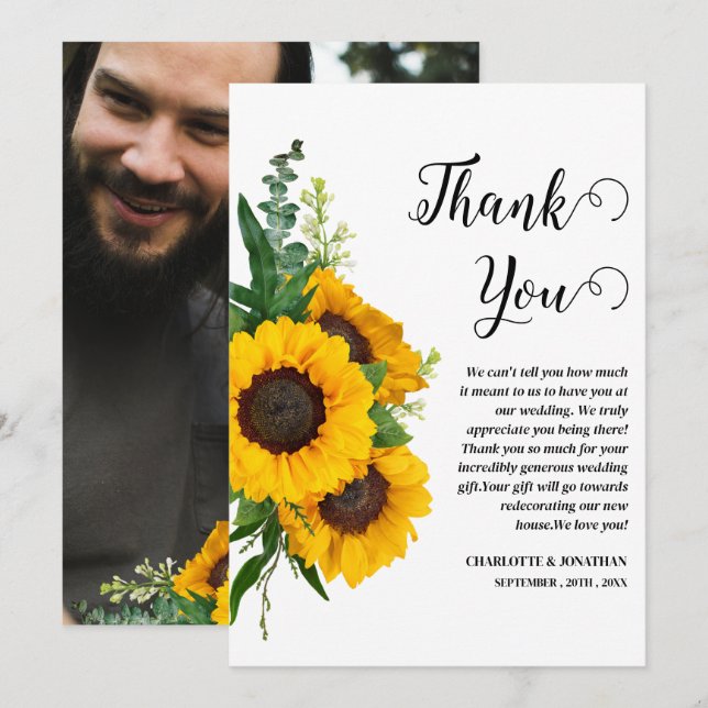 Cartão De Agradecimento Casamento Personalizado Rustic Sunflower (Frente/Verso)