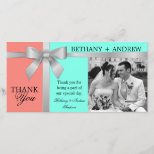 Cartão De Agradecimento Casamento Pink Silver Ribbon Aqua Coral - Obrigado