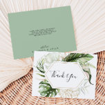 Cartão De Agradecimento Casamento Plano Geométrico Dourado do Verde Tropic<br><div class="desc">Este cartões de agradecimentos de casamento plano e tropical de ouro geométrico é perfeito para um casamento de destino. O design apresenta ouro de aquarela pintada à mão e palmeiras verdes e folhas de bananeiras com flores cor-de-rosa amontoadas em buquês, enfeitando um quadro geométrico. Personalize o dentro da placa com...</div>
