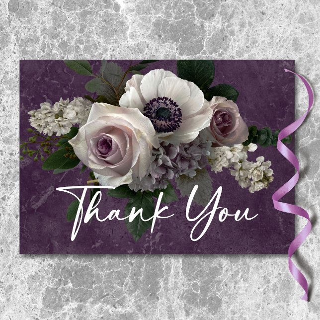 Cartão De Agradecimento Casamento Plum Purple Elegante Floral Moderno (Plum Purple Elegant Floral Modern Wedding Thank You Card)