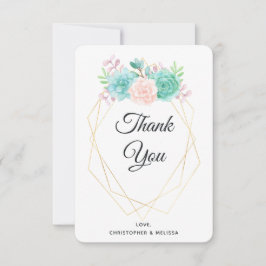 Cartão De Agradecimento Casamento por Aquarela com Suculentes Rosa e Verde