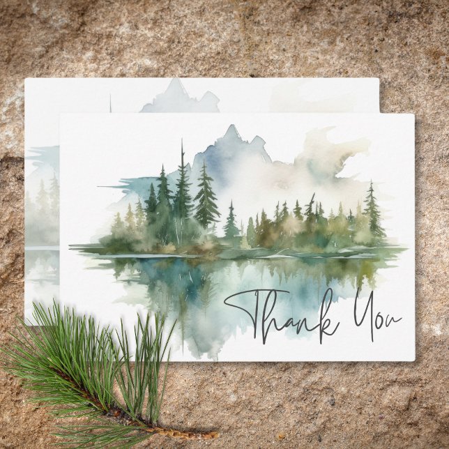 Cartão De Agradecimento Casamento por Aquarela Rustic Mountain Lake Scene (Rustic Mountain Lake Scene Watercolor Wedding Thank You Card)