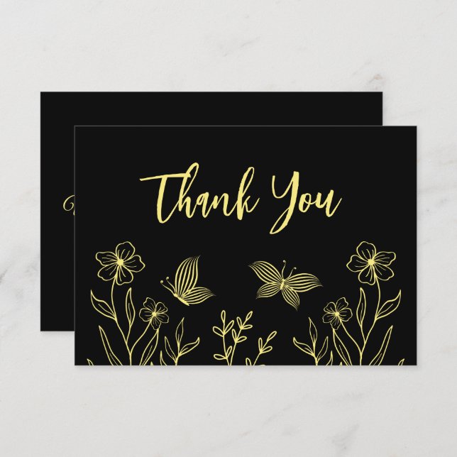 Cartão De Agradecimento Casamento preto de flor dourada simples (Frente/Verso)