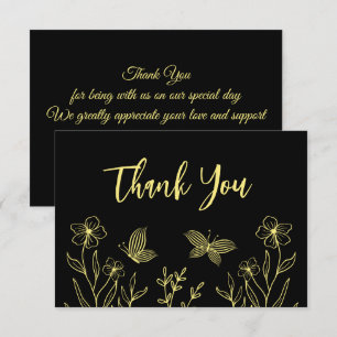 Cartão De Agradecimento Casamento preto de flor dourada simples