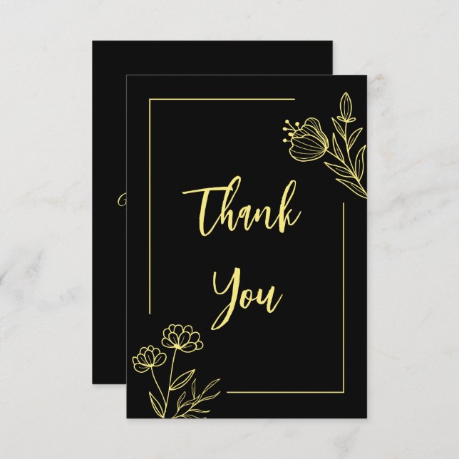 Cartão De Agradecimento Casamento preto de flor dourada simples (Frente/Verso)