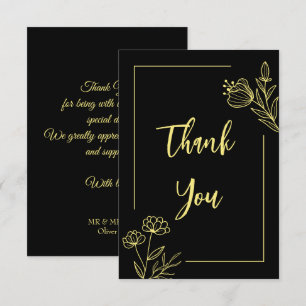Cartão De Agradecimento Casamento preto de flor dourada simples