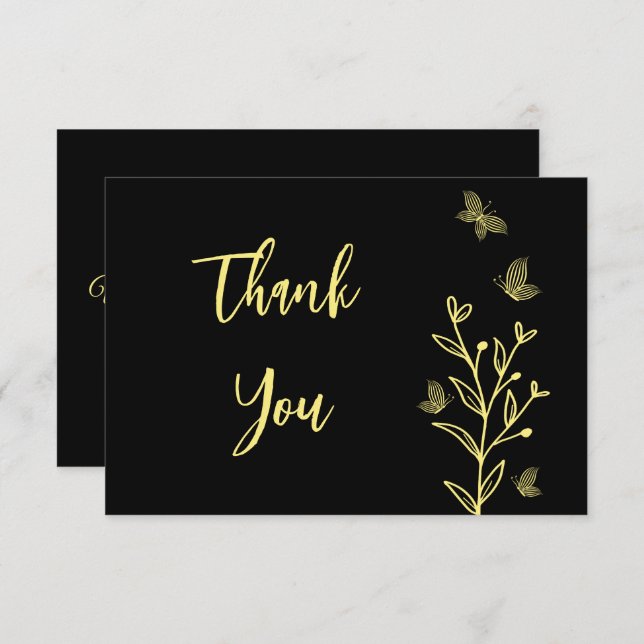 Cartão De Agradecimento Casamento preto de flor dourada simples (Frente/Verso)