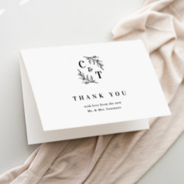 Cartão De Agradecimento Casamento Preto e Branco com Monograma Elegante