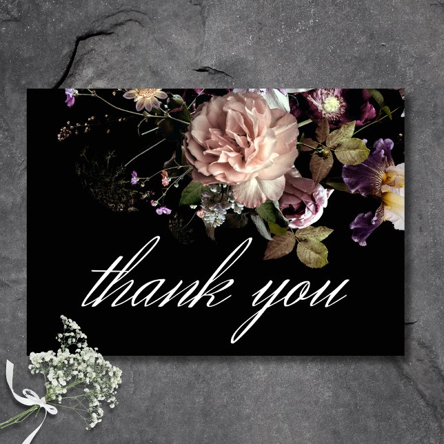 Cartão De Agradecimento Casamento Preto Floral Opulente de Pastel Moody Da (Dark Moody Pastel Opulent Floral Black Wedding Thank You Card)