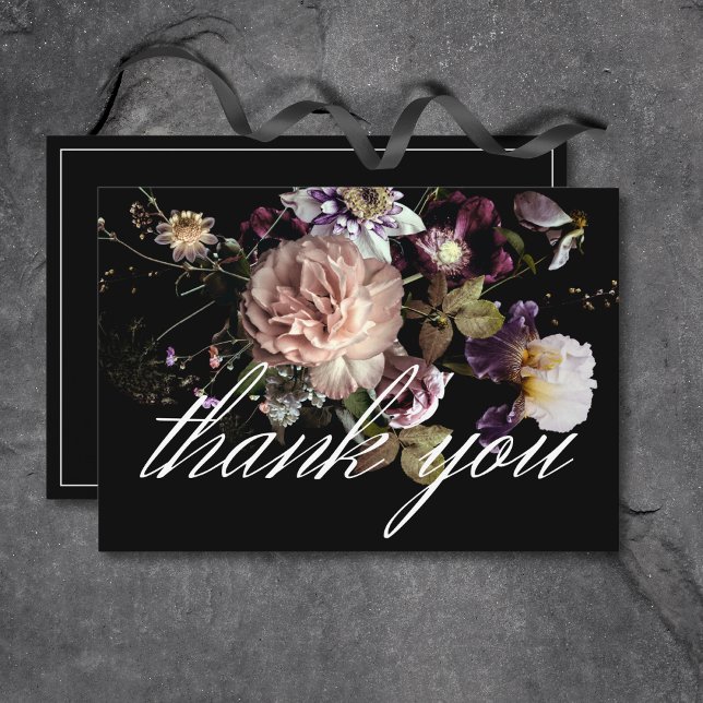 Cartão De Agradecimento Casamento Preto Floral Opulente de Pastel Moody Da (Dark Moody Pastel Opulent Floral Black Wedding Thank You Card)