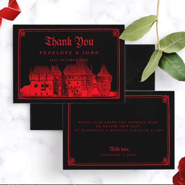 Cartão De Agradecimento Casamento Preto Vermelho Castelo Vampiro Gótico (Gothic Vampire Castle Black Red Wedding Thank You Card)