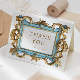 Cartão De Agradecimento Casamento Quadro Rococó Dourado Azul Vintage