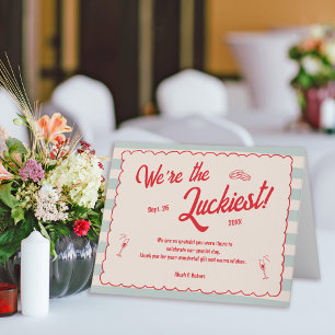Cartão De Agradecimento Casamento Retro com Faixa Azul e Letra Vermelha