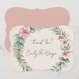Cartão De Agradecimento Casamento Romântico com Flores Rosa e Vegetação
