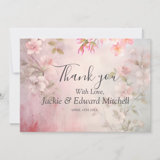 Cartão De Agradecimento Casamento Romântico com Flores Rosa Obrigado (Frente)