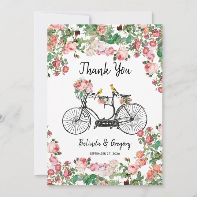 Cartão De Agradecimento Casamento Romântico de Flores de Bicicletas e Aves (Verso)